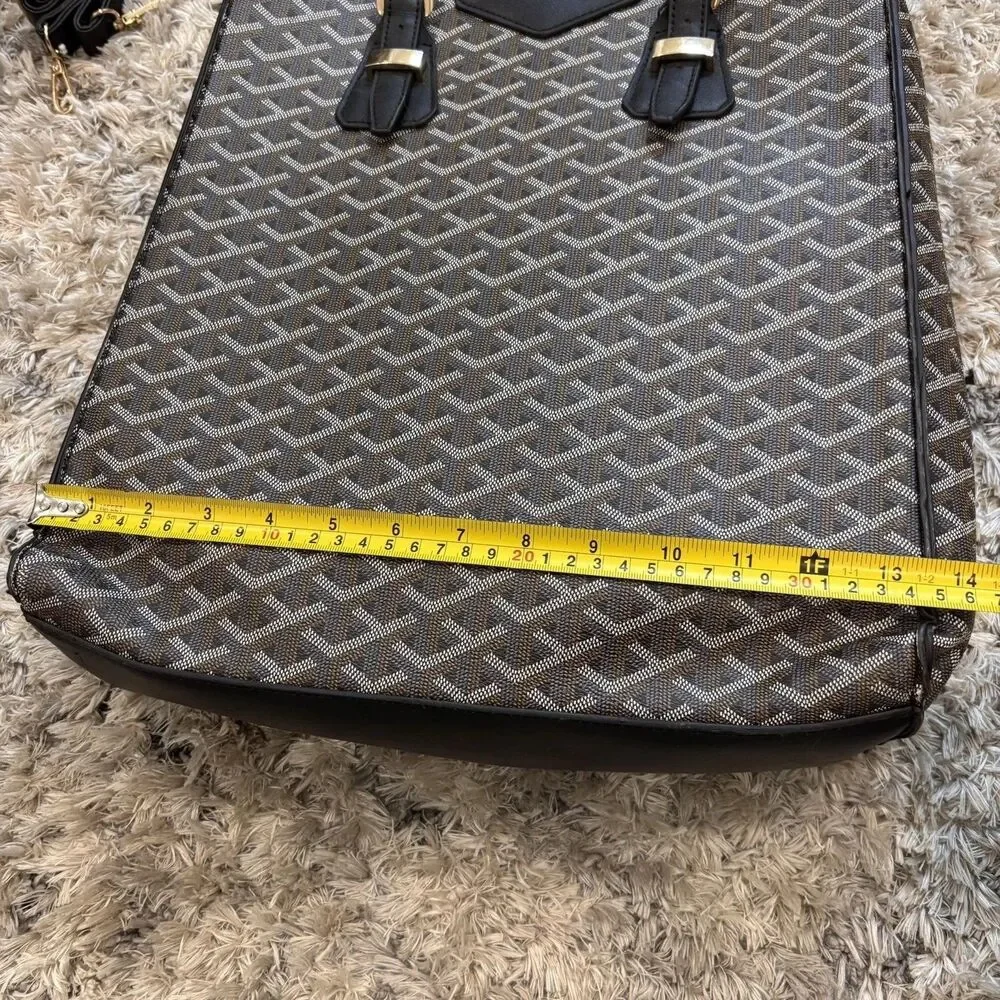 Monogram Zip Top Tote Bag Brown Black Crossbody Satchel Large Faux Leather